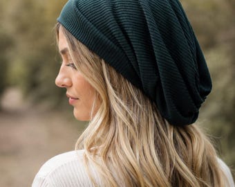 Military Green Slouchy Beanie: Cotton Knit Oversized Beanie Chemo Hat