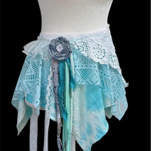 Blue Lace Pixie Wrap Skirt – Boho Festival Fairy Wear Fringe Belt.