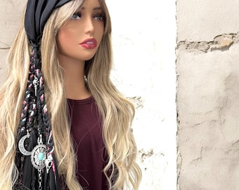 Black Boho Hair Wrap , Headband with Braids Fairy Locks, Gothic Hair Extension.