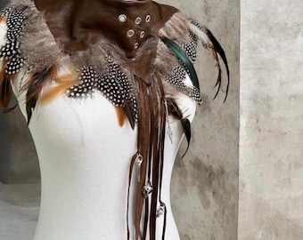 Handmade Feather & Leather Statement Collar Fringes