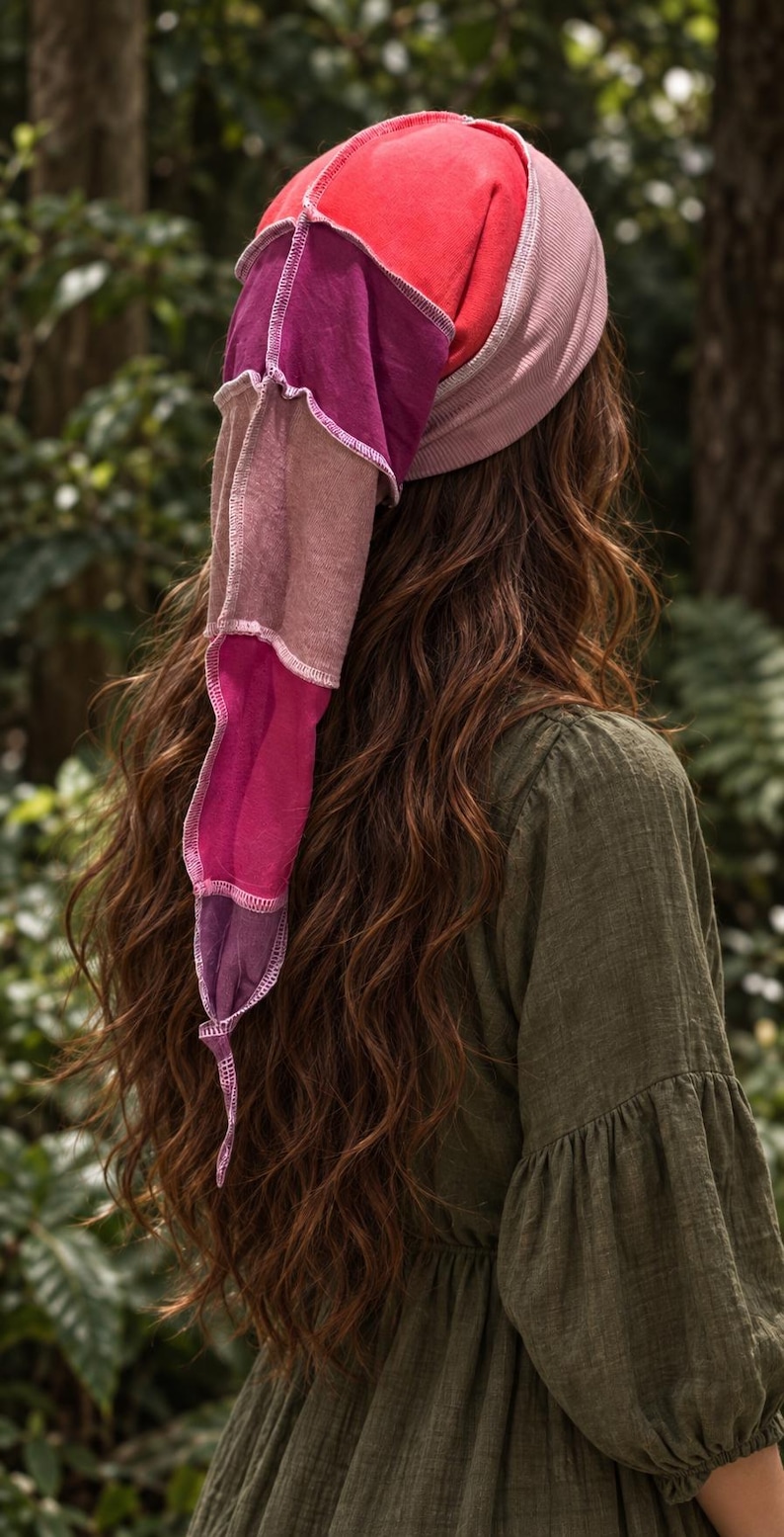 May include: A long, pointed beanie hat constructed from patchwork fabric panels in shades of red, magenta, pink, and mauve. The hat features visible white overlock stitching along the seams, creating a textured, multi-colored design that hangs down.