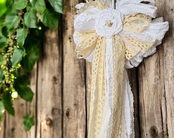 Shabby Chic Big Rag Bow, Farmhouse Wedding Decor, Wreath, Pew Bow, Front Door Decoration.