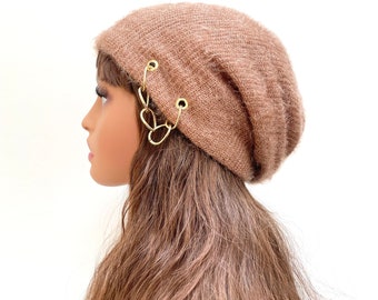 Chain Slouchy Beanie Women Knit Hat Beanie Hat Chemo Cap Brown.