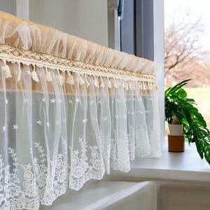 Rustic Burlap & Lace Window Valance with Floral Embroidery – Custom Width Available