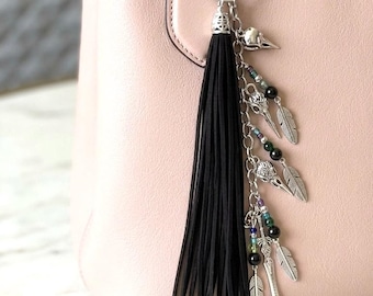 Boho Purse Tassel: Handmade Black Fringe Purse Charm with Beaded Accents