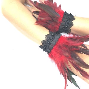 Red Feather Wrist Cuff Feather Bracelelt Feather Cuff Victorian Burlesque Fantasy feathers costume.