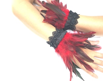 Red Feather Wrist Cuff Feather Bracelelt Feather Cuff Victorian Burlesque Fantasy feathers costume.