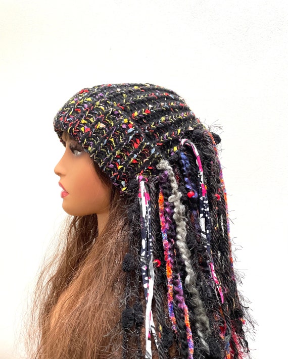 Black Long Fringe Knit Hat Fringe Beanie Slouchy Beanie Boho