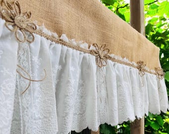 Cenefa de arpillera con encaje de granja: cortina rústica de estilo campestre