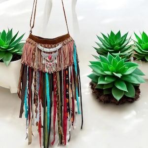 Fringe Crossbody Bag, Brown Vegan Suede Purse, Adjustable Hippie Crossbody, Fringe Shoulder Bag.