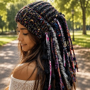 May include: A black knit beanie featuring a ribbed texture and multicolored flecks. The back of the beanie is adorned with numerous hanging strands of various textures, including braided yarn, fabric strips, and pom-poms in black, pink, and grey.