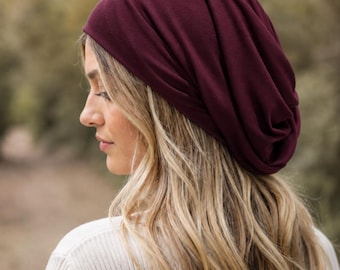 Wine Red  Slouchy Beanie: Cotton Knit Slouch Beanie Chemo Hat