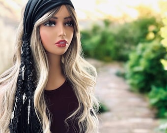 Black Boho Hair Wrap , Headband with Braids Fairy Locks, Gothic Hair Extension.