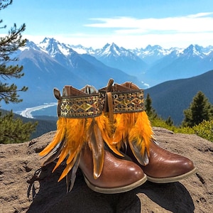 Puede incluir: Un par de botas de cuero marrón con plumas naranjas decorativas y una banda de lentejuelas doradas. Las botas se colocan sobre un fondo de una cordillera con picos nevados y un cielo azul claro.