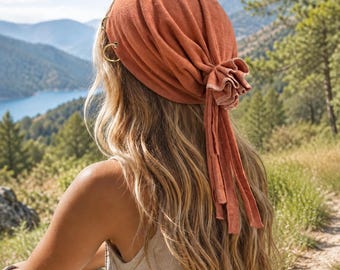 Coral Fringe Slouch Hat, Unisex Boho Head Wrap, Festival Bandana Hat with Metal Rings, Alternative Streetwear Head Cover