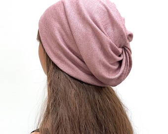 Pale Pink Beanie Knit Beanie Slouchy Knit Beanie Womens Hat Chemo Hat.