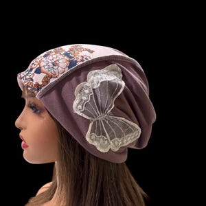 Butterfly Patchwork Beanie Purple Womens Lightweight Hat Chemo Headware.