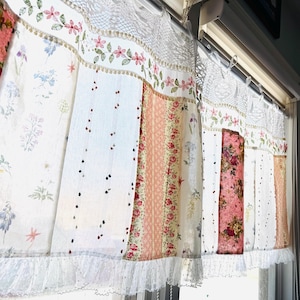 Handmade Floral Lace Curtain Valance - Shabby Chic Patchwork Farmhouse Backdrop