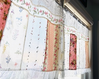 Handmade Floral Lace Curtain Valance - Shabby Chic Patchwork Farmhouse Backdrop