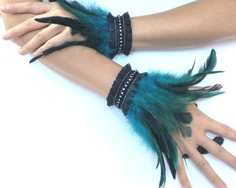 Teal Feather Wrist Cuffs: Gothic Burlesque Costume, Handmade Pair