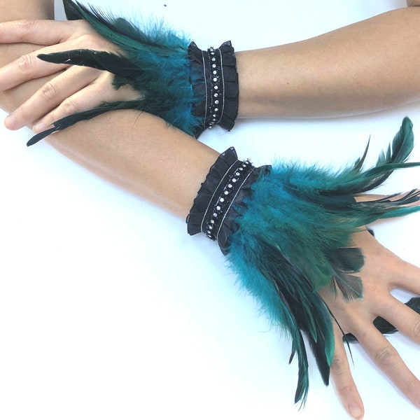 Teal Feather Wrist Cuffs: Gothic Burlesque Costume, Handmade Pair