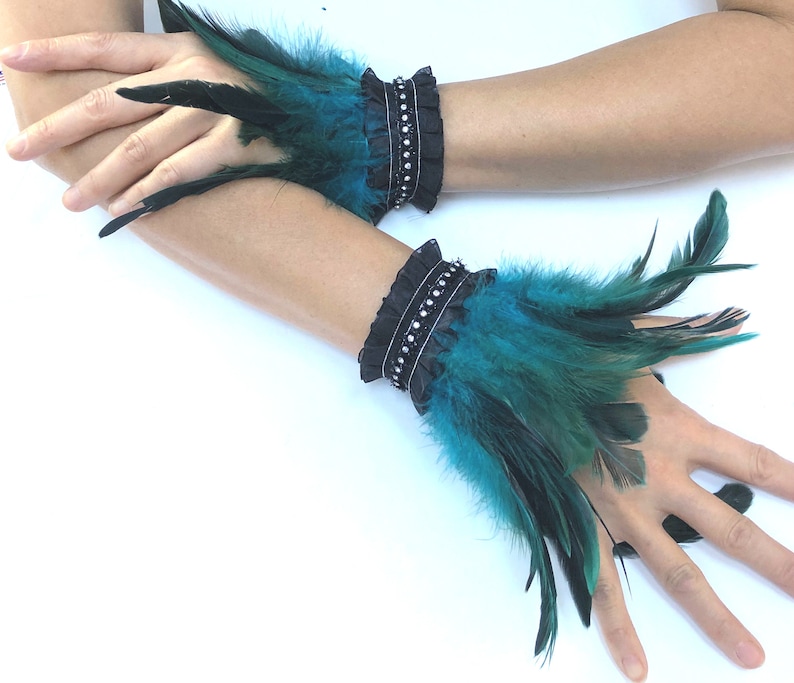 Teal Feather Wrist Cuff Feather Bracelelt Feather Cuff Etsy