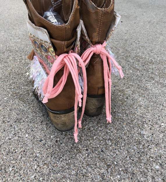 【THEAIRTOWN】Ribbon Fringe Boucle Fur Boots Bohemian Boot Covers Fringe Boot Cuffs Gypsy Boot Wrap Ankle