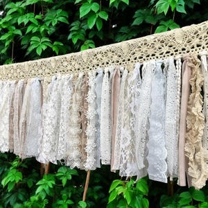 Shabby Chic Lace Garland: Wedding Photo Backdrop, Rustic Beige Bunting