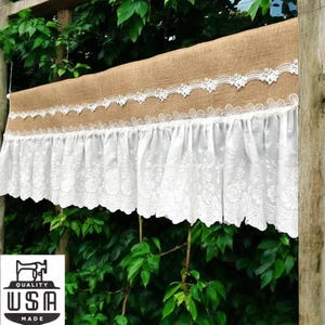 Rideau de fenêtre Shabby Chic personnalisé, cantonnière, rideau de dentelle de jute, rideau de cuisine, rideau d'armoire de décoration de mariage à la ferme.
