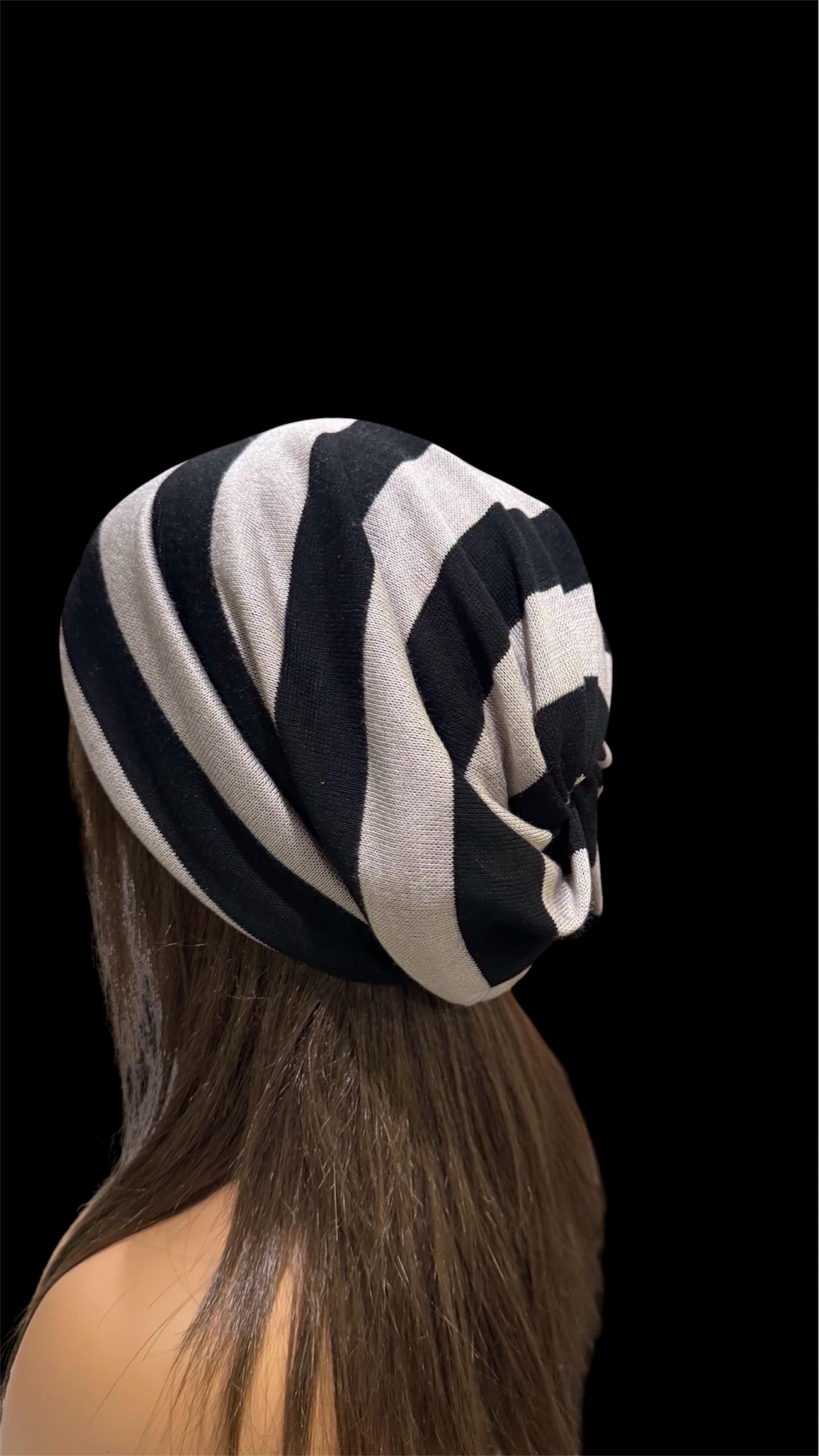 Free People Beanie Womens OS Black White Striped Ribbed Knit Cotton Slouchy Hat Black Striped Beanie - Etsy main image 2