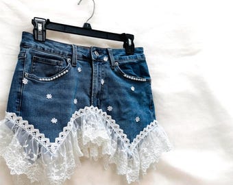 Handmade Upcycled Denim & Lace Mini Skirt Size 8 – One of a Kind