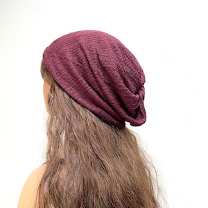 Burgendy Beanie Knit Beanie Slouchy Knit Beanie Womens Hat Chemo Hat.
