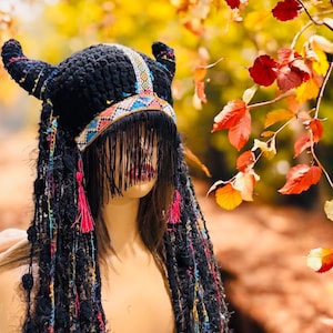 Crochet Viking Queen Hat: Black Knit Norse Shieldmaiden with Long Fringe