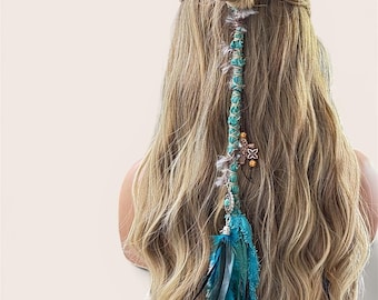 Boho Turquoise Feather Hair Extension – 18" Handmade Festival Hair Wrap | Western Hair Accessory | Bohemian Hair Clip-on