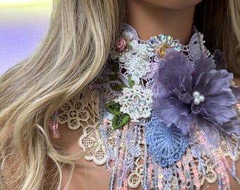 Handmade Vintage Lace Statement Collar – Romantic Floral Neckpiece with 3D Flower, Beaded Lace & Sequin Fringe