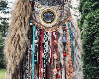 Boho Fringe Crossbody Bag: Vintage Fabric & Leather - Handmade