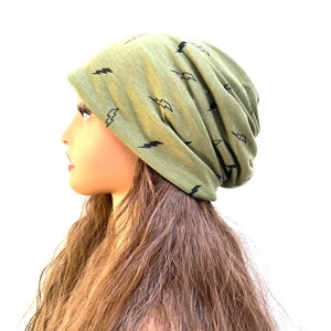 Green Lightening Beanie Knit Beanie Hat, Slouch Hat, Twisted Top Beanie, Womens Beanie, Ponytail Beanie, Dreadlock Beanie.