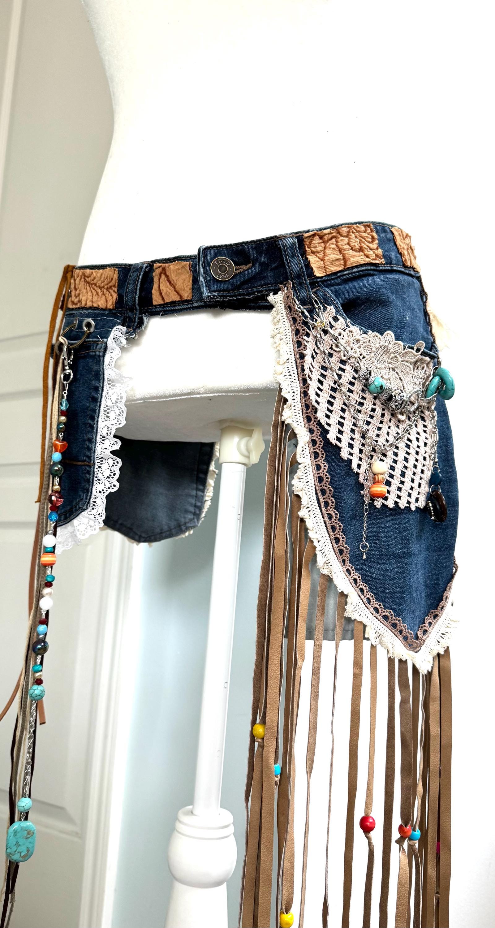 Denim Fringe Embellished Festival Waist Belt - Blue with Silver Fringe Large Upcycled Denim Pocket Belt, Fringed Bohemian Festival Waist  main image 2