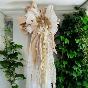 Shabby Chic Big Rag Bow, Farmhouse Wedding Decor, Wreath, Pew Bow, Front Door Decoration.