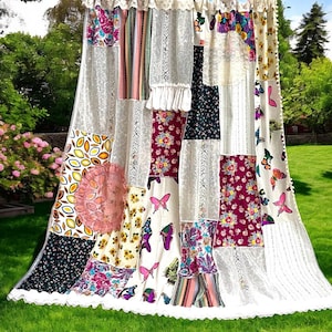 Handmade Boho Patchwork Shower Curtain: Vintage Lace & Chiffon