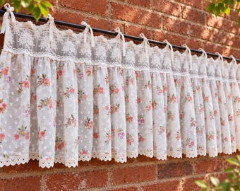 Handmade Floral Print Sheer Chiffon Curtain Valance – Tie Top Style with Embroidered Floral Trim