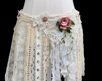 Handmade Lace Pixie Belt – Layered Fringe Wrap Skirt, Boho Festival Style