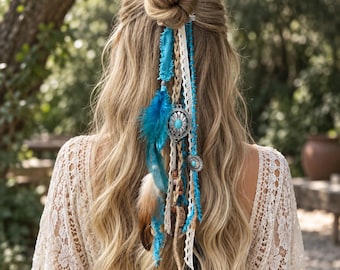 Boho Turquoise Feather Hair Extension – 14" Handmade Festival Wrap, Western Accessory