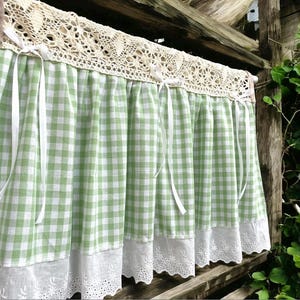 French Country Window Curtain Valance Shabby Chic Green Gingham Window Treatments  Kitchen Cafe Farmhouse Nursery.