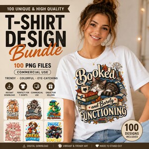 Könnte beinhalten: Ein digitales Paket mit 100 T-Shirt-Designs, die verschiedene grafische Illustrationen enthalten, darunter eine Katze auf Büchern mit dem Text Booked and Barely FUNCTIONING, eine Katze mit Brille, ein Waschbär, ein Dinosaurier, ein Hase und ein Hund.