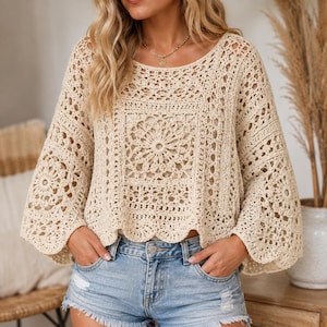 May include: A beige crochet long-sleeve top featuring a prominent square mandala pattern on the front and sleeves, a wide round neckline, and a scalloped hemline. The garment is crafted with an intricate openwork knit design throughout the fabric.
