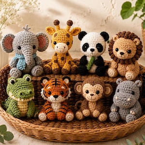 Puede incluir: Una colección de ocho figuras de animales tejidas a ganchillo que incluye un elefante con bufanda azul, una jirafa, un panda, un león, un cocodrilo, un tigre, un mono y un hipopótamo, todos dispuestos dentro de una gran cesta de mimbre ovalada.