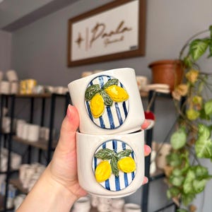 Handmade Ceramic Mug, Lemon Design Coffee Cup, 150ml Pottery Mug, Small Ceramic Cup, Blue Stripe Lemon Mug, Unique Handmade Gift Cup
