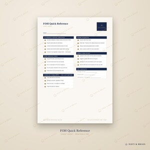 May include: A white FOH Quick Reference cheat sheet document with dark blue headers and text. Sections include Allergen & Dietary Protocol, Phone Etiquette, Wine Service Steps, When a Dish is 86'd, Handling Complaints, and Key Contacts with blank lines.
