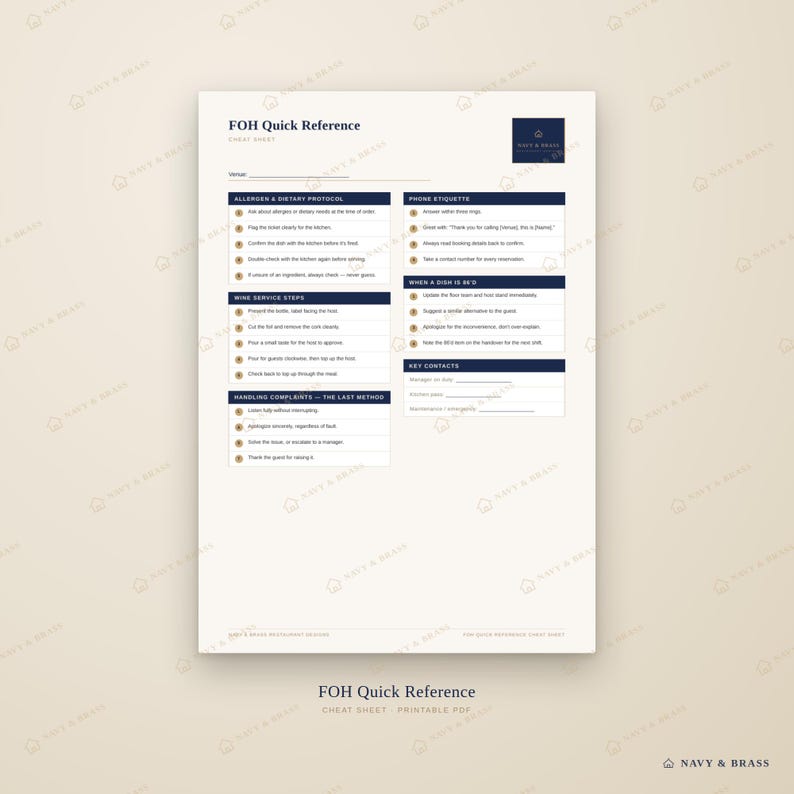 May include: A white FOH Quick Reference cheat sheet document with dark blue headers and text. Sections include Allergen & Dietary Protocol, Phone Etiquette, Wine Service Steps, When a Dish is 86'd, Handling Complaints, and Key Contacts with blank lines.